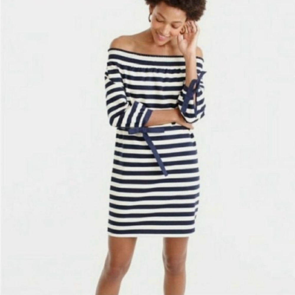 J. CREW NWT Off-the-Shoulder Nautical Stripe Dress Sz Small Blue‎ White Coastal